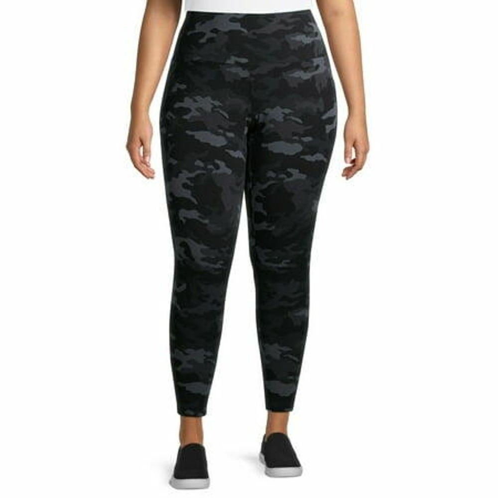 Terra & Sky Womens Plus Leggings 0X (14W) Black Gray Camo High Rise Fitted Pull